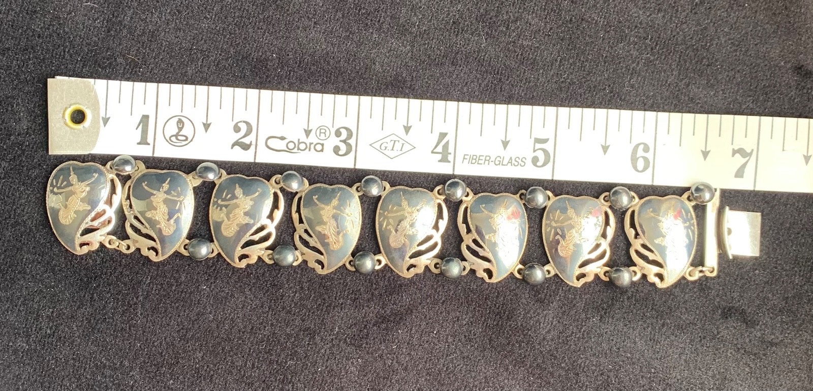Vintage Siam Sterling Silver Niello Bracelet Thai Goddess Dancers Panel 7”; 22g