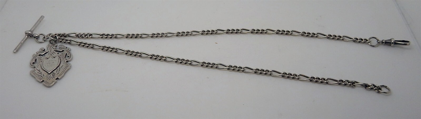 Antique English 30.5g Sterling Silver Double Albert Watch Chain with Fob