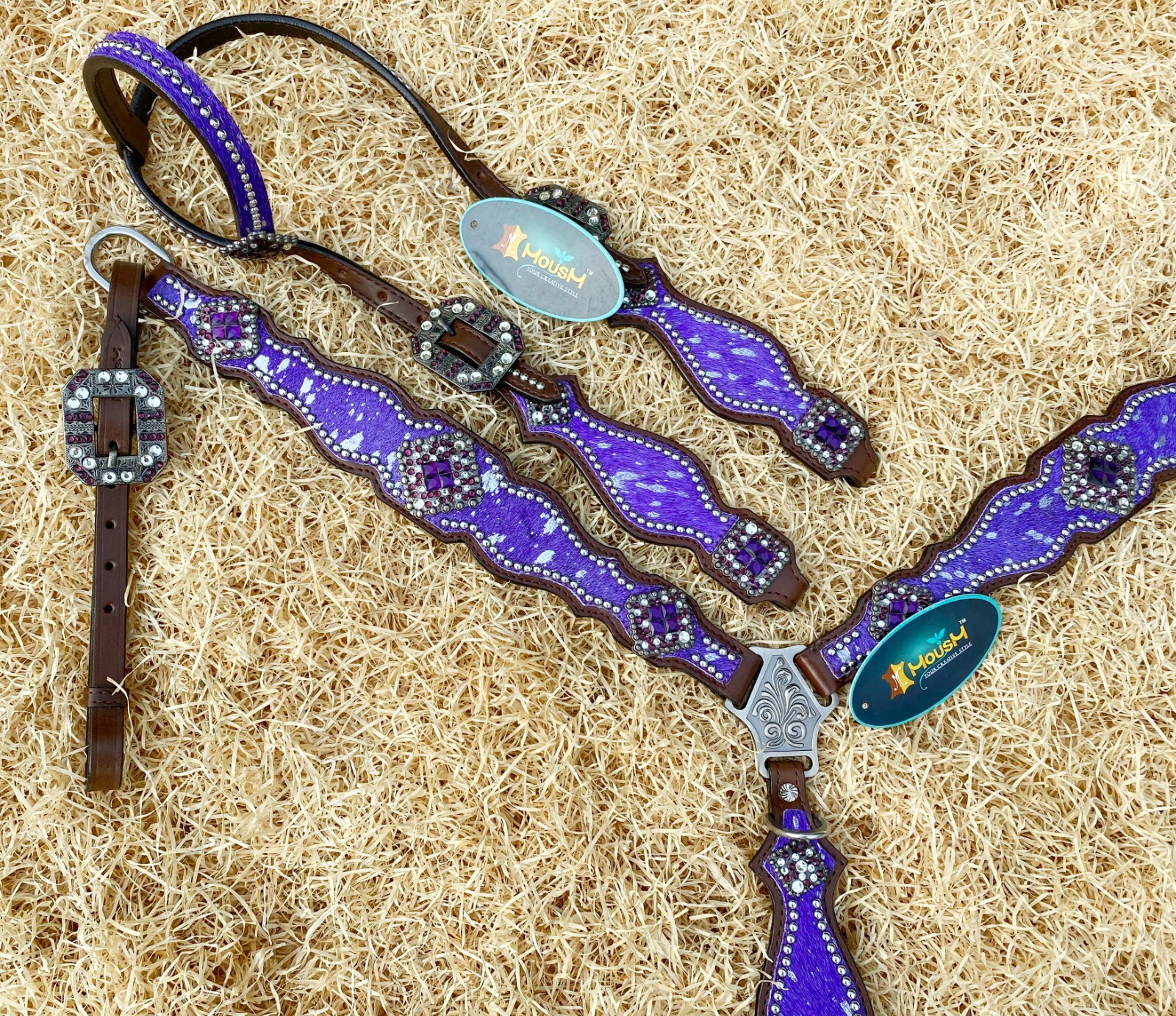 MOUSM Western Leather Headstall and Breast Collar Tack Set for Horses - Purple