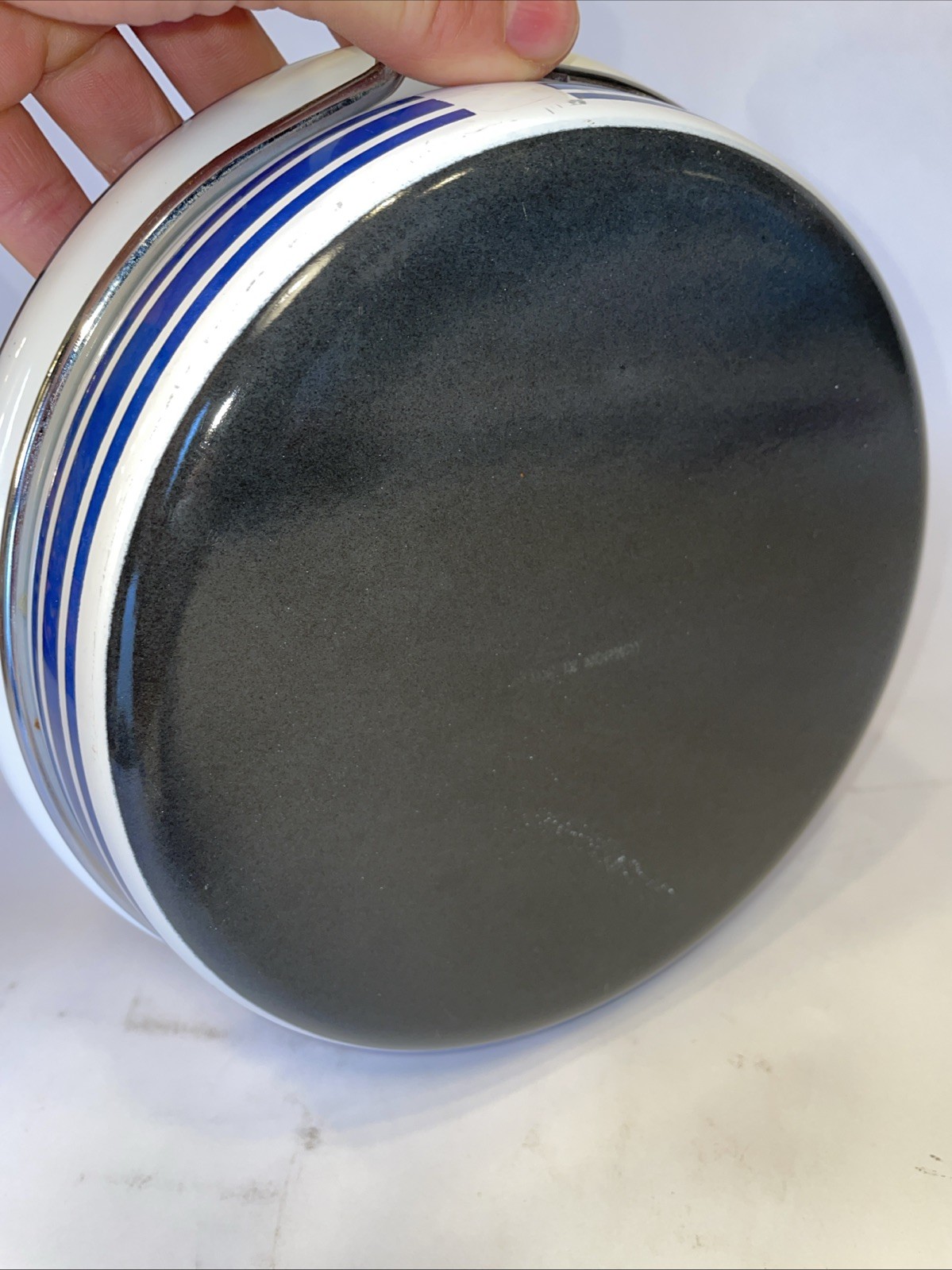 Cathrineholm Norway Blue Stripe White 8.5” Wide Enamel Frying Pan Skillet