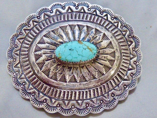 EARLY HAND STAMPED SIGNED NAVAJO STERLING SILVER SPIDER WEB TURQUOISE CONCHO