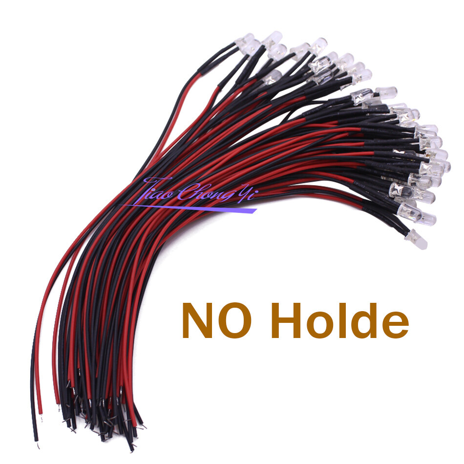 10-100PCS 5mm 3-5V LED 2PIN Round Pre-wired water Clear led with Plastic Holder