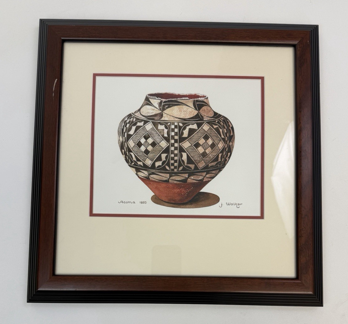 J. Walker Watercolor On Paper Acoma 1895 Southwestern Pottery Framed Matted