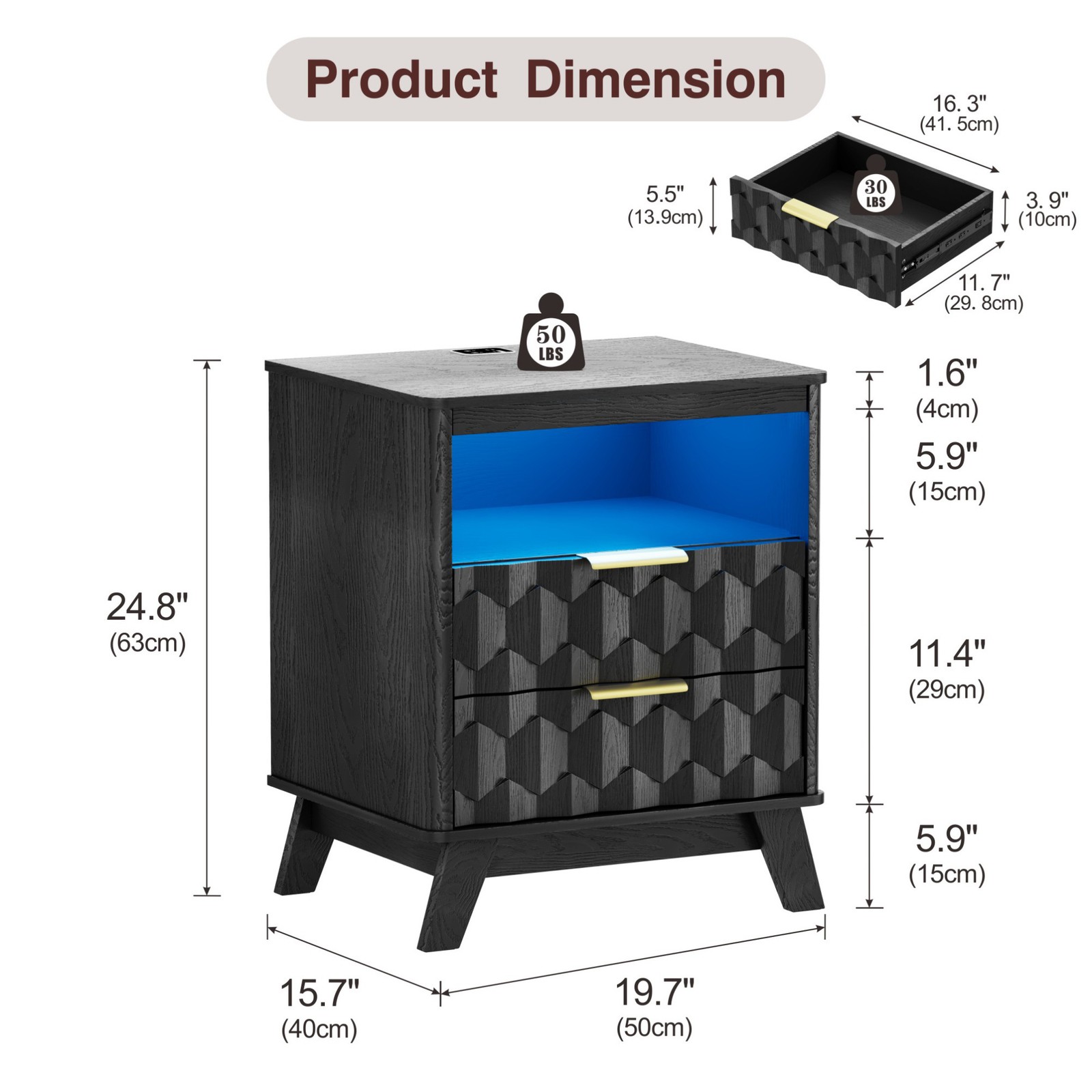 Gurexl Night Stand Set of 2 - with Charging Station and 3-Color LED Light, Black