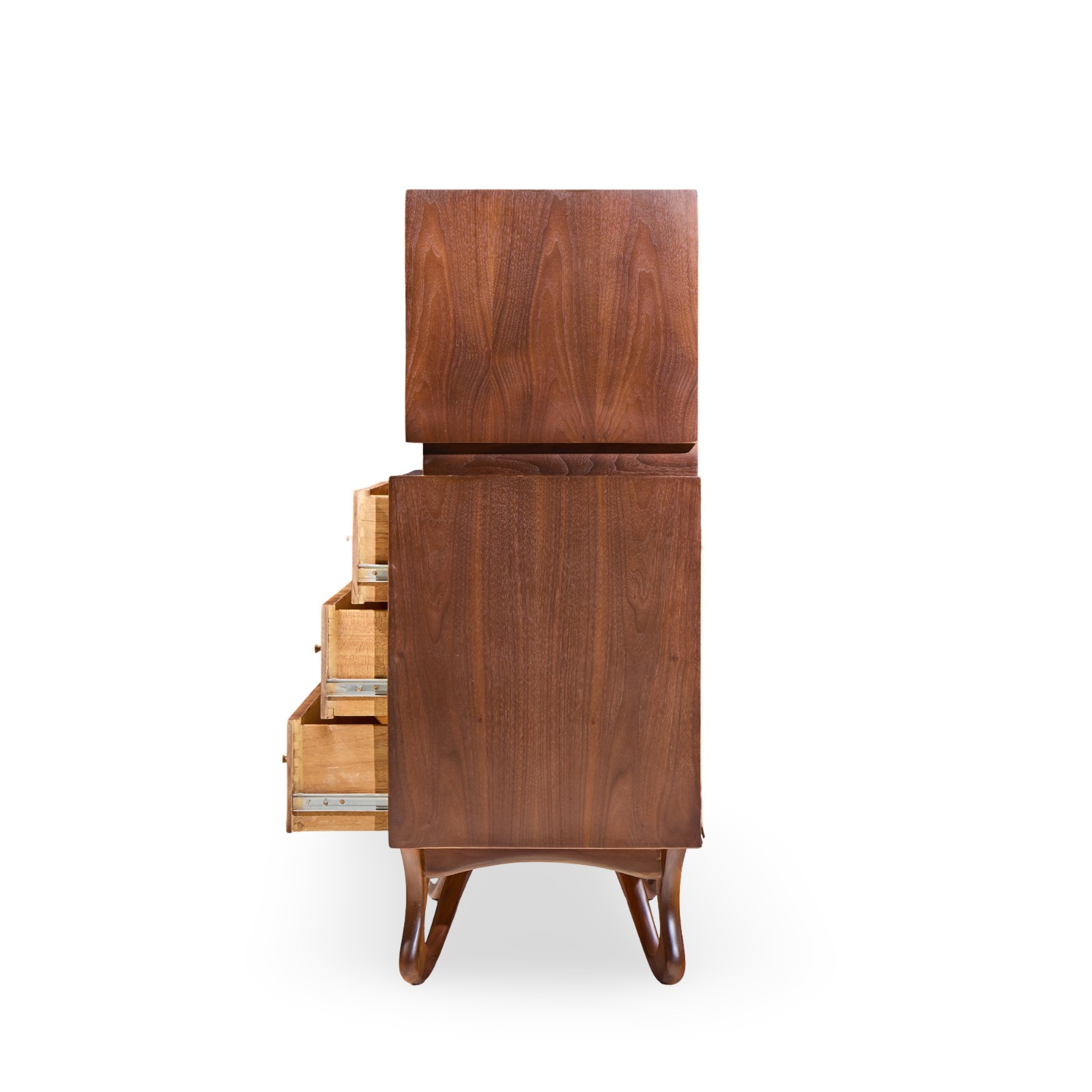 Vladimir Kagan Style Mid Century Sculpted Walnut Highboy Dresser