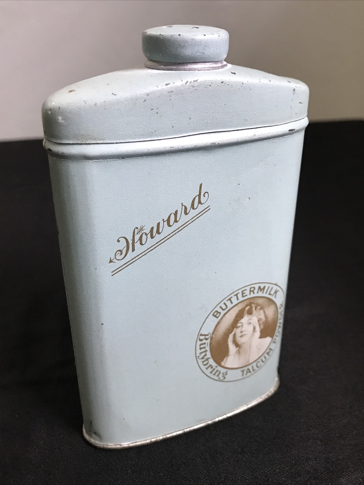 HOWARD Buttermilk Talcum Powder Tin Antique Butybring Howard's Litho Advertising