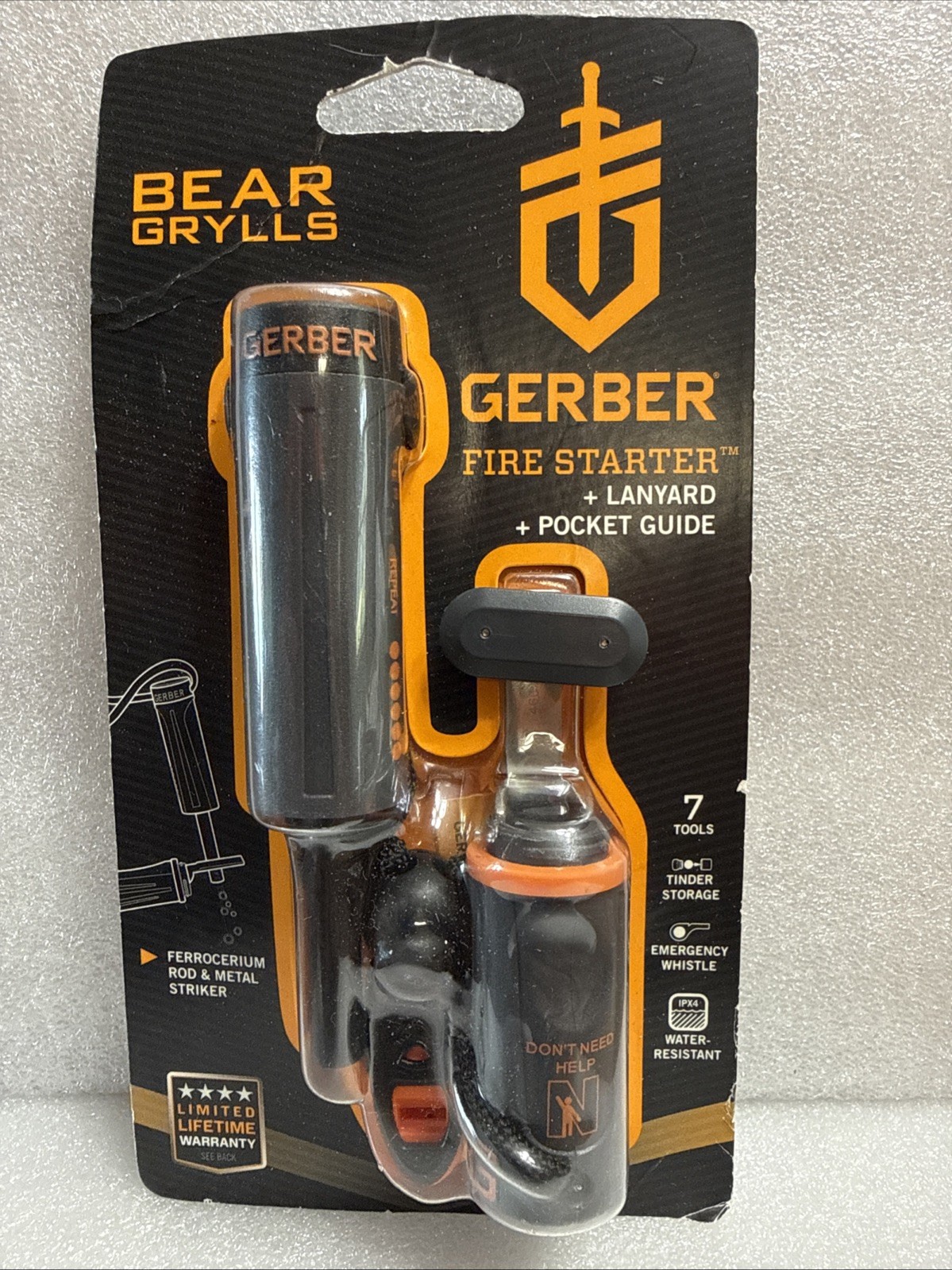 Gerber Survival Bear Grylls Fire Starter Kit Whistle Lanyard Waterproof Storage