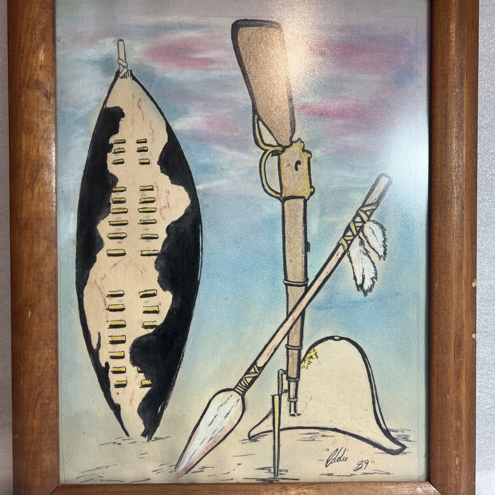 Zulu Cowhide Shield Framed Painting Signed