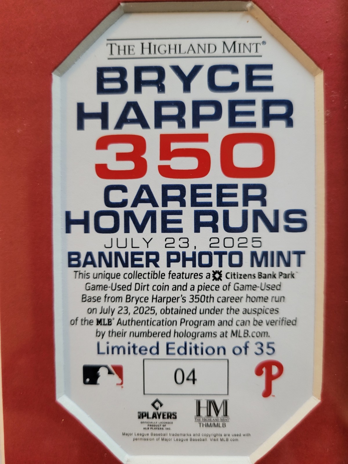 The Highland Mint Bryce Harper /35 350th Career Homerun Plaque 11"×14" Phillies