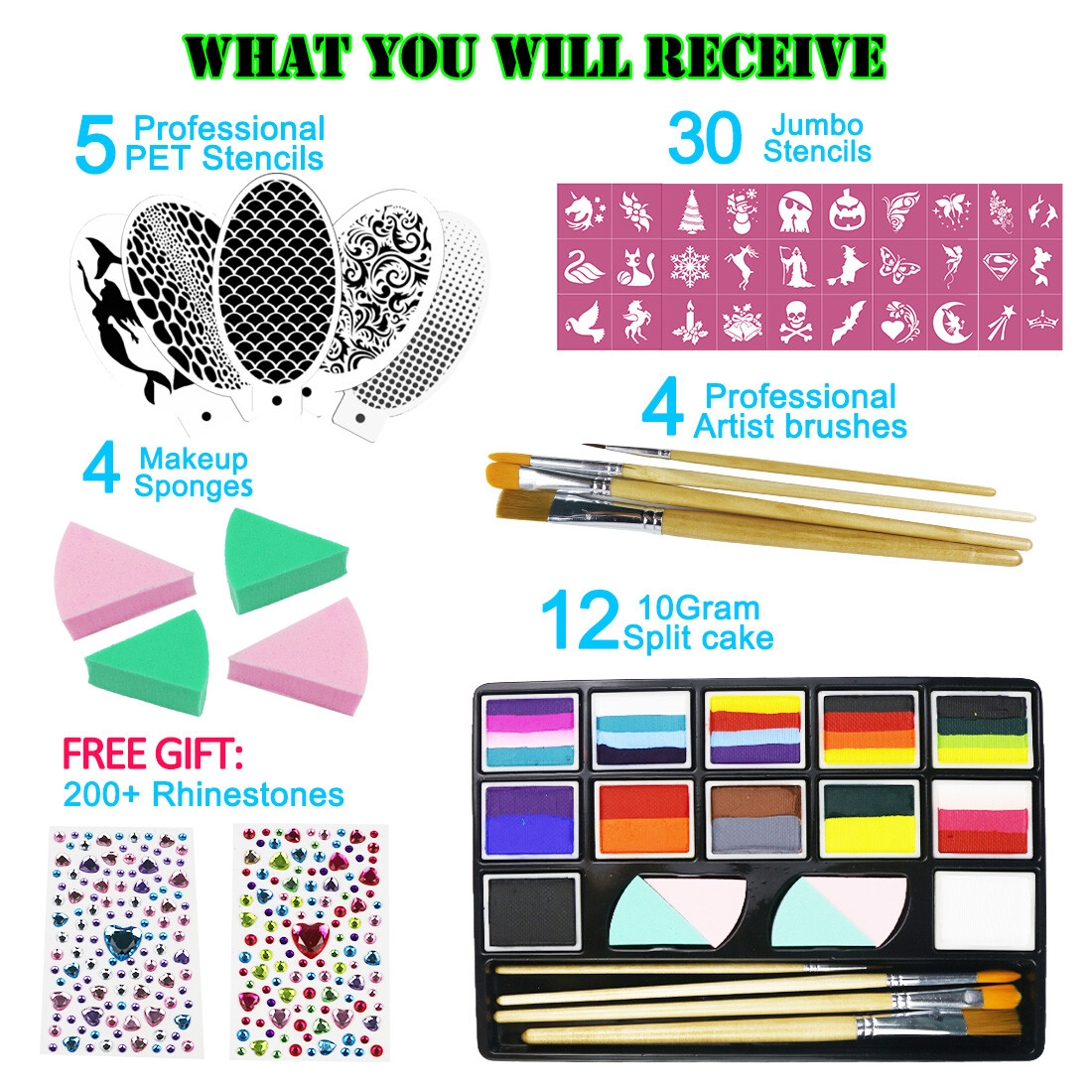 Bowitzki Professional Face Painting Kit For Artist With Pro Face Paint Brushes