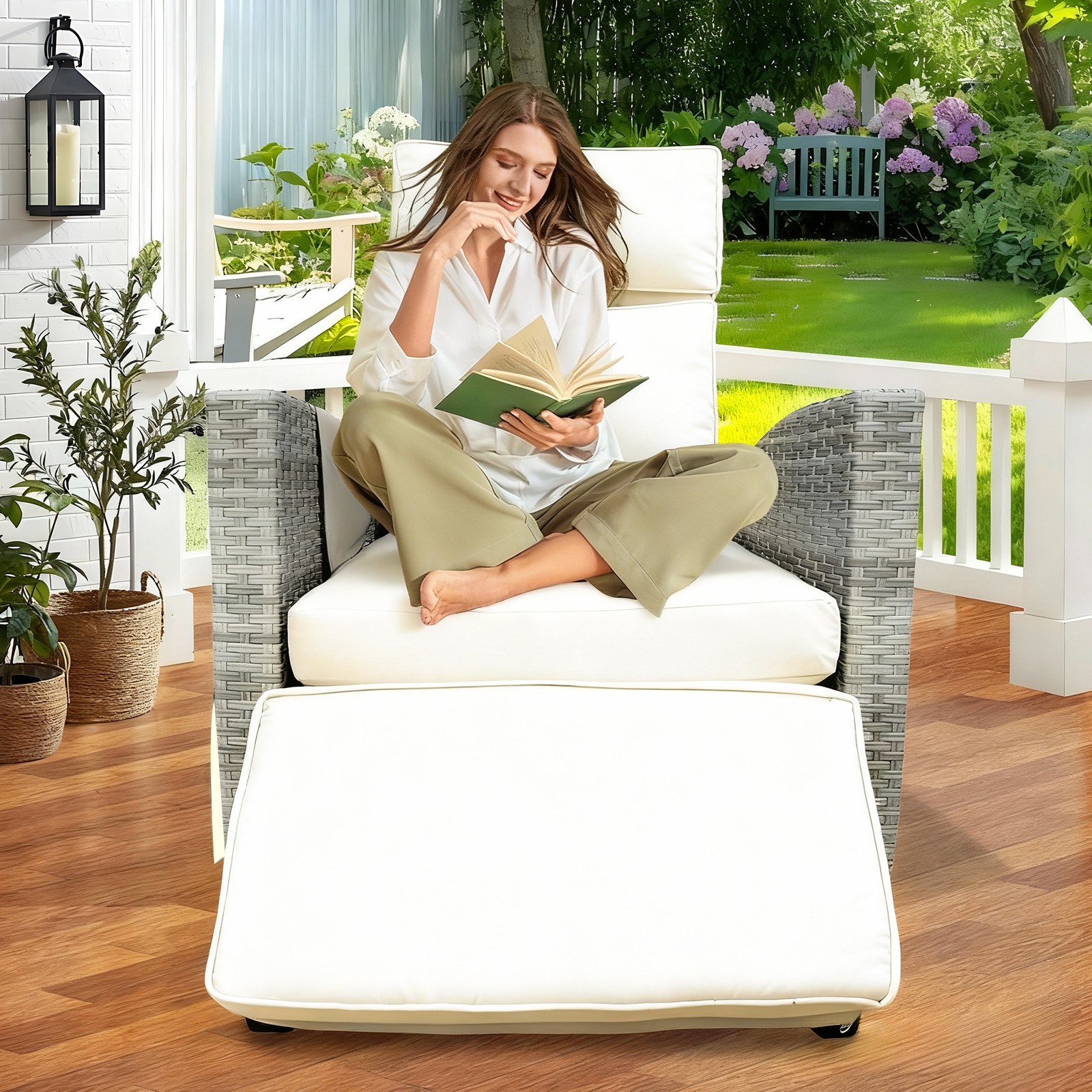 Outdoor Recliner, Patio Recliner Chair with Flip-up Table, Adjustable Backrest