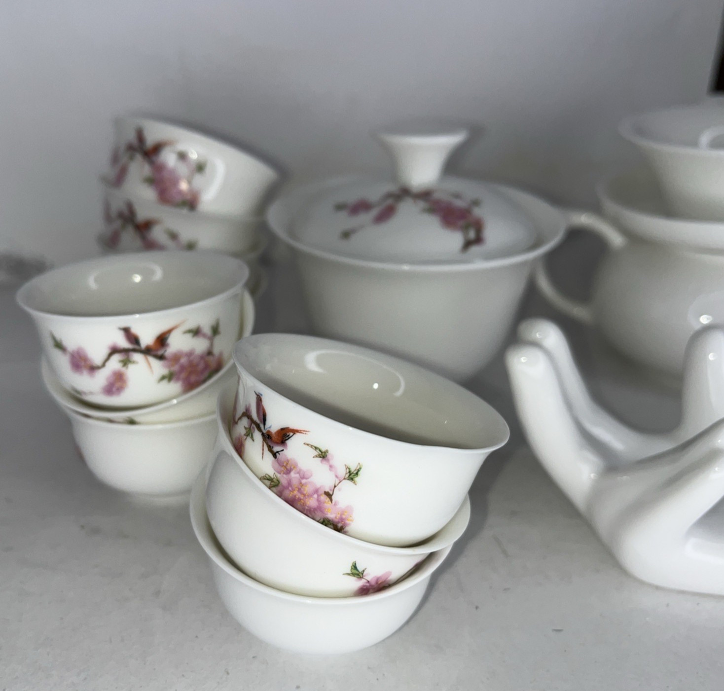 Vintage Asian Traditional Mini Bone China Tea Set White Pink Cherry Stem Bird