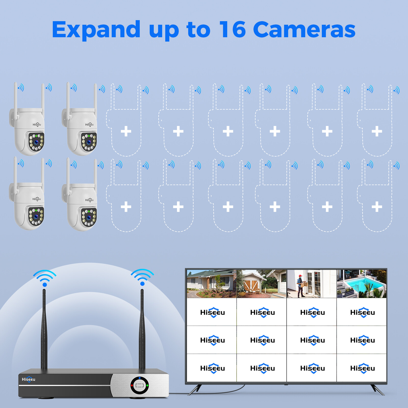 Hiseeu Wifi Security Camera System,16CH NVR,4PCS 3MP PTZ Camera,5G Wifi,No HDD