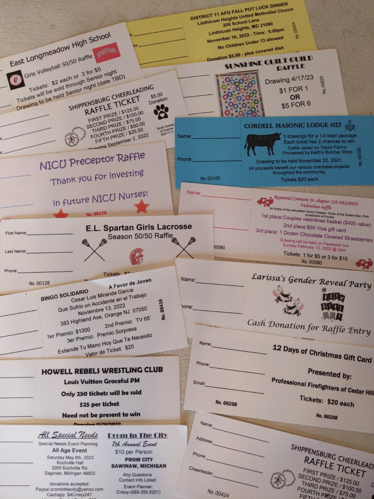 CUSTOM PRINTED RAFFLE TICKETS, NUMBERED AND PERFORATED, CARDSTOCK