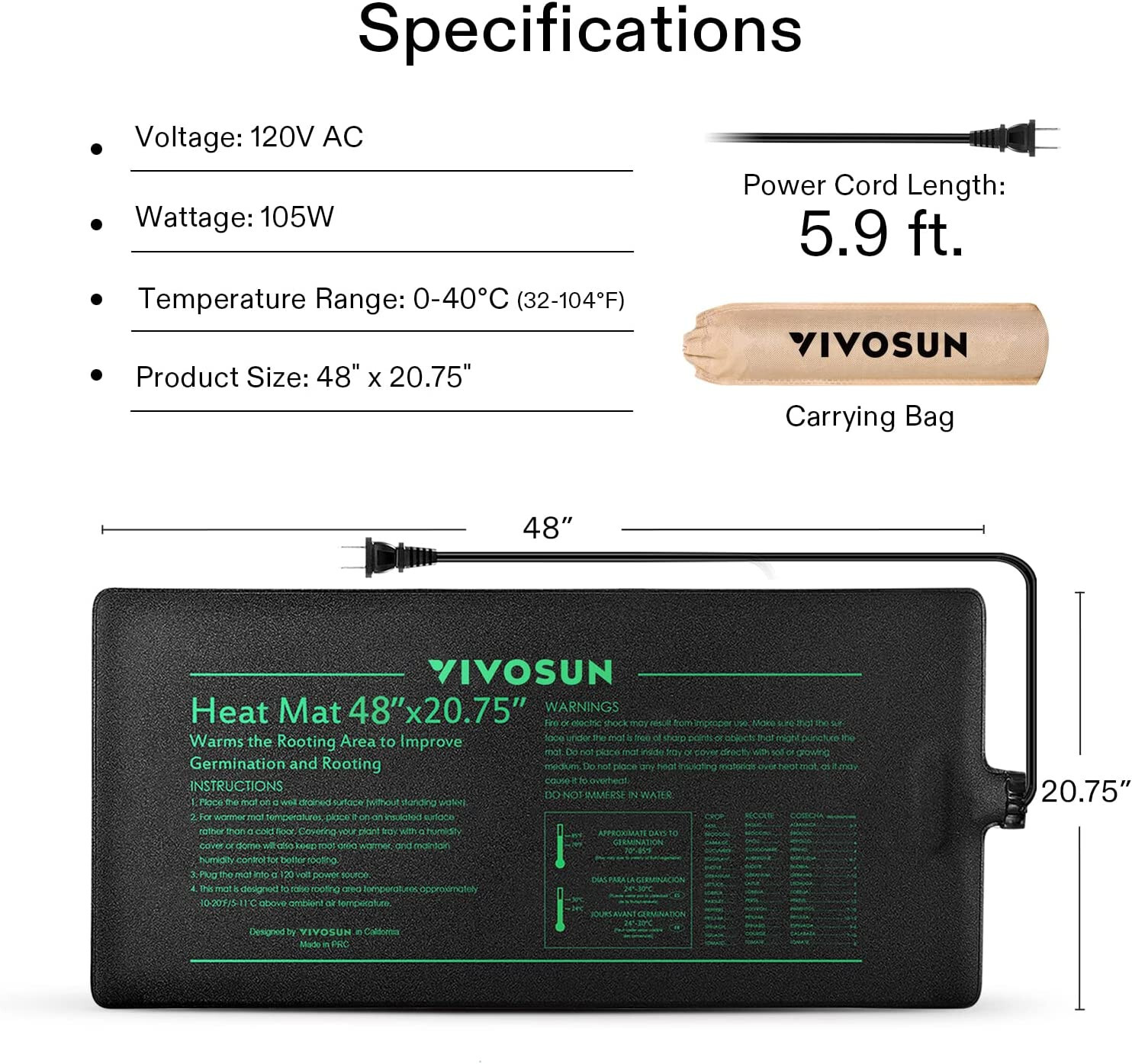 VIVOSUN 48”x20.75"Seedling Heat Mat with Thermostat Warmer Heating Pad for Plant