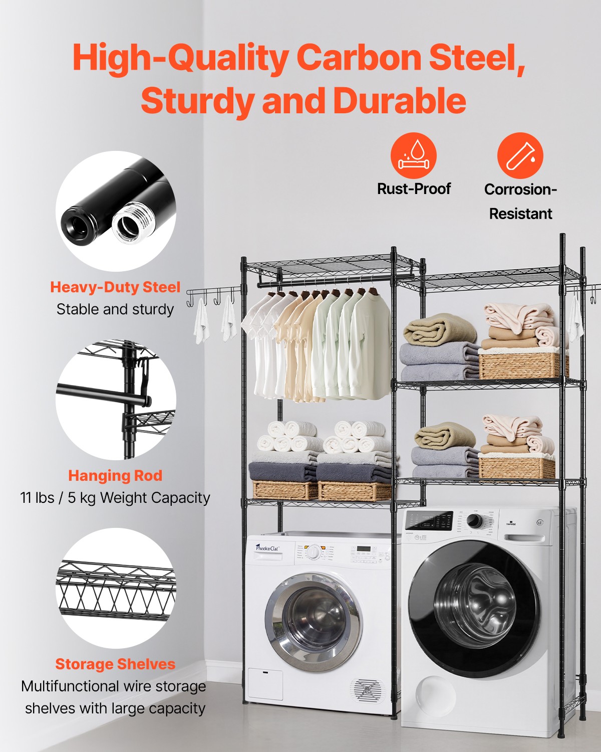 VEVOR Over Washer and Dryer Storage Shelf Two Row 5 Tiers Washer Rack Black