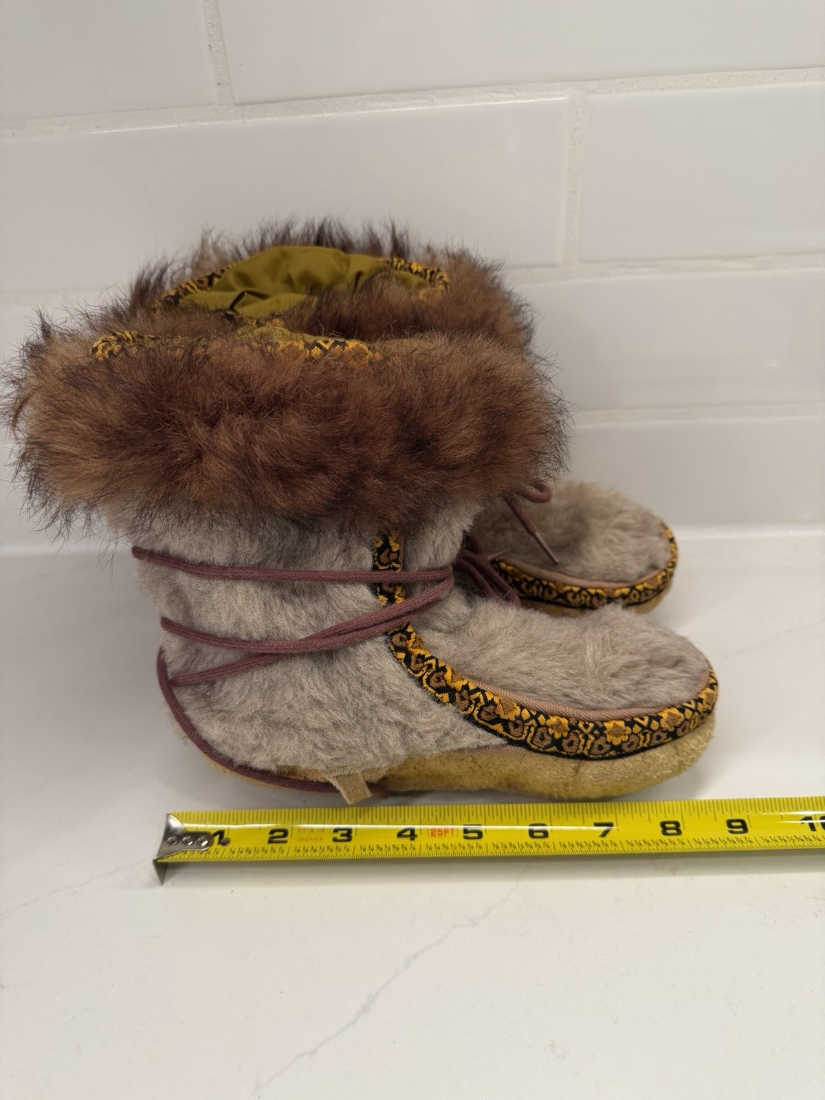 Vintage Alaska Inuit Child Fur Mukluk Boots Handmade Suede Sole Native Arctic