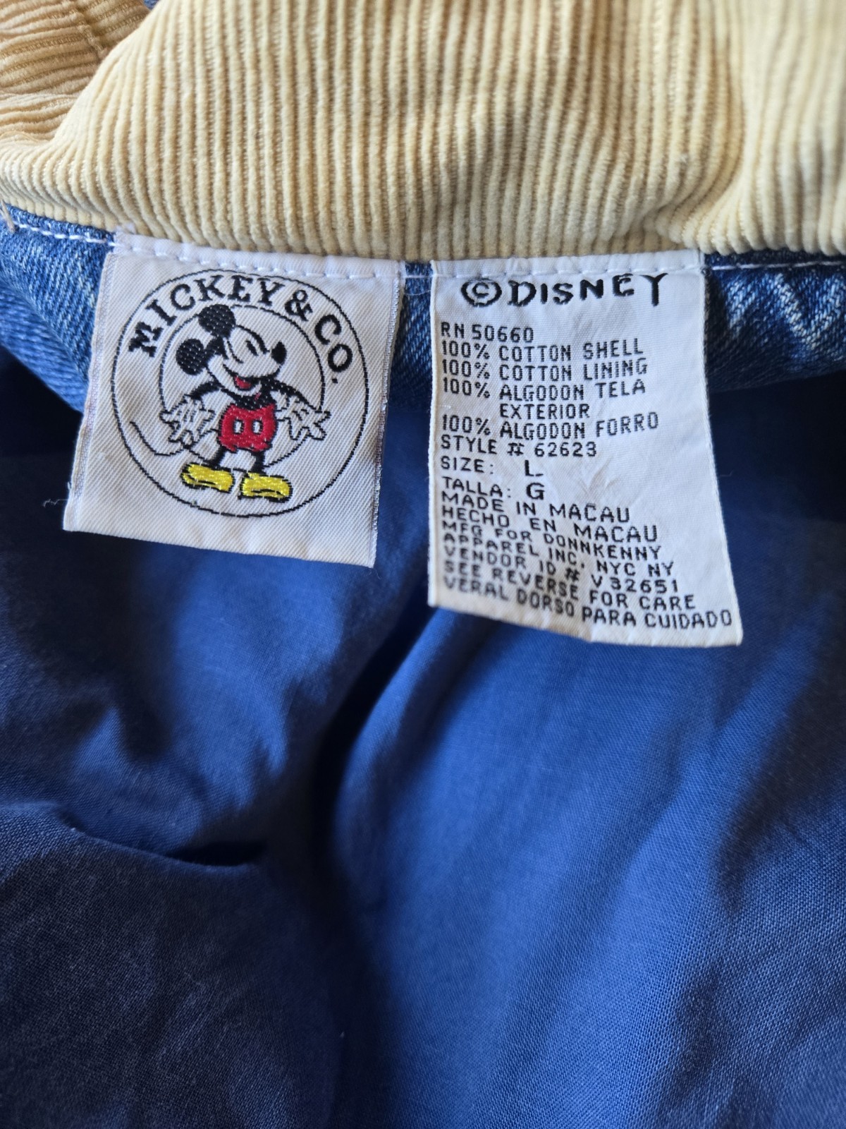 Vintage 80s 90s OFFICIAL Disney Mickey Mouse Denim Jacket Baggy L Cord Collar