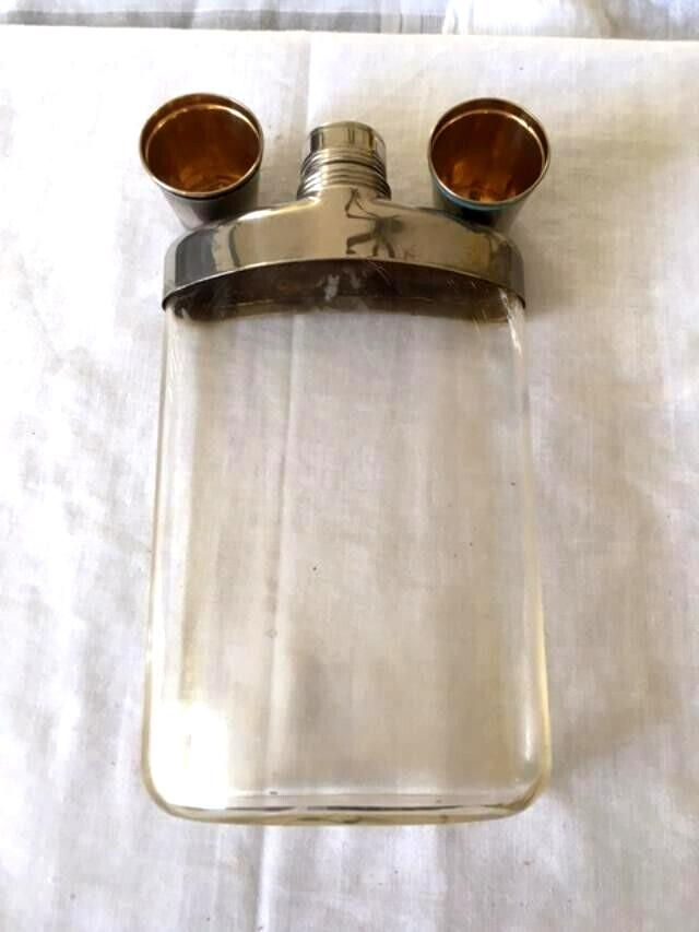 Vintage Flask Plastic Silver Plate Two Cups Silver Gold Tone Camping Hiking