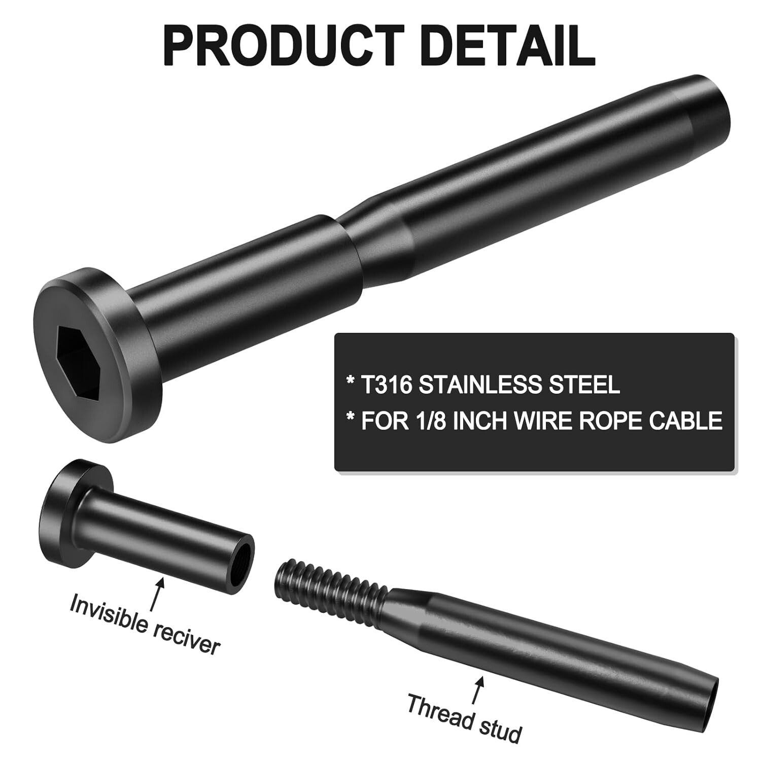 Black T316 Stainless Steel Swage Invisible Receiver End Fitting 3/16" Cable rail