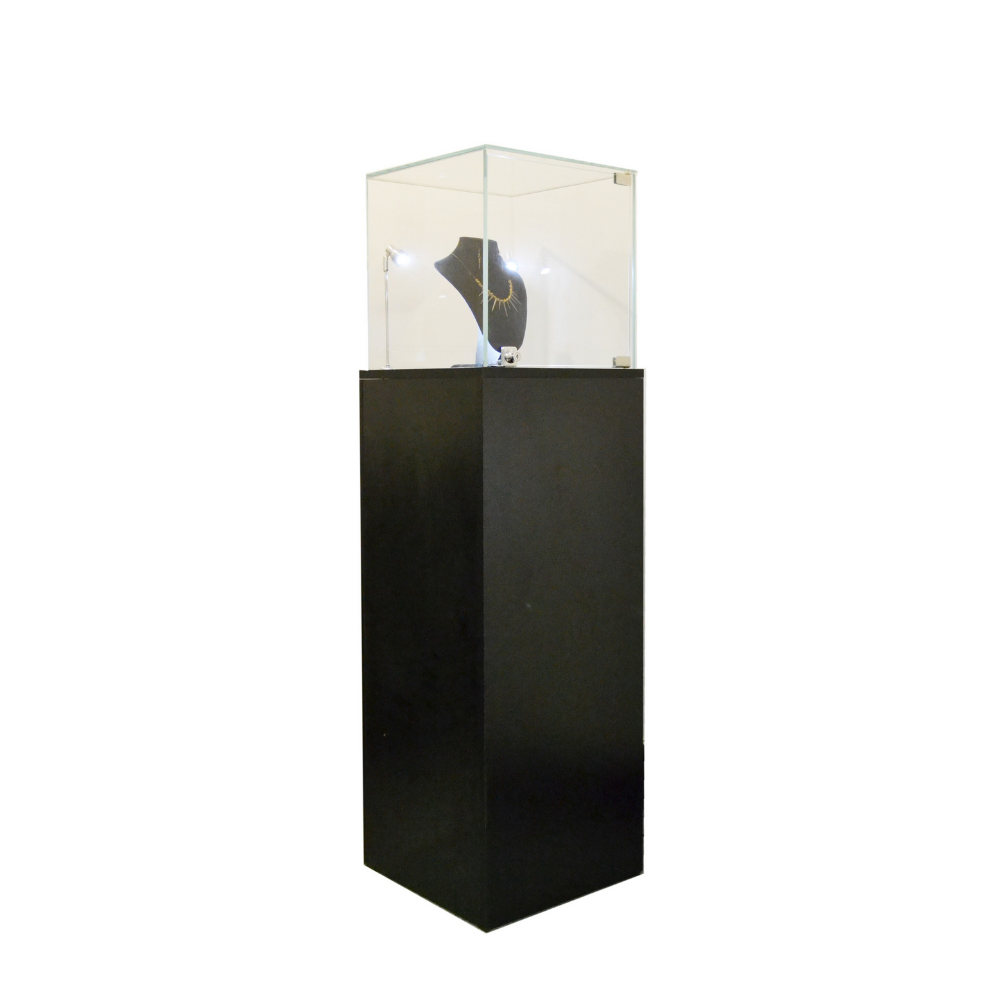 Glass Top Black Pedestal Exhibition Display Showcase with LED Lights and Lock