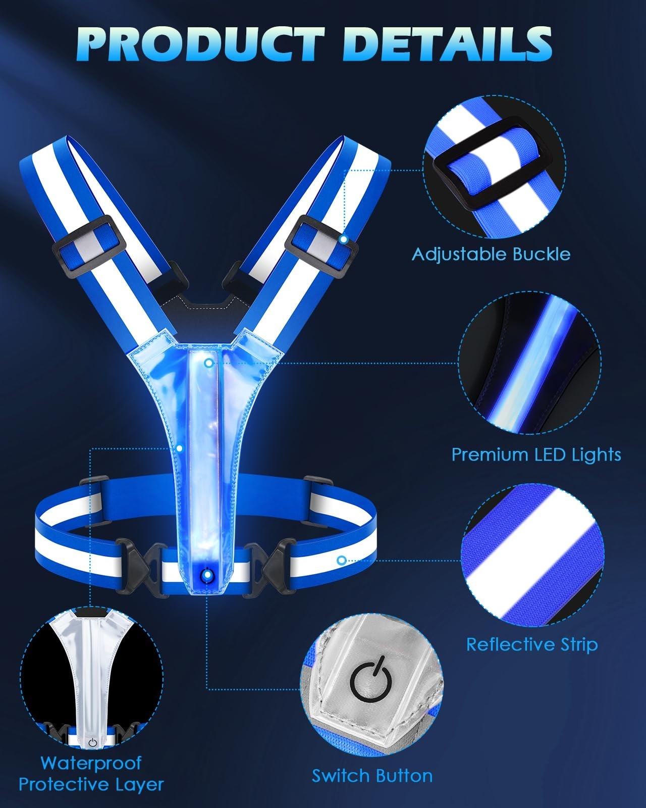 High Visibility Reflective Running Vest 5 Lights Rechargeable Adjustable