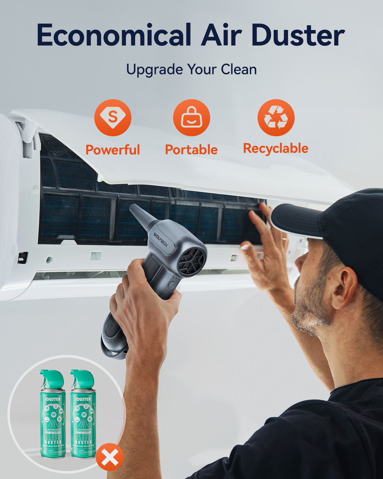 WOLFBOX MF100 Rechargeable Air Duster Cleaner 150000RPM 3-Gear Cordless for PC