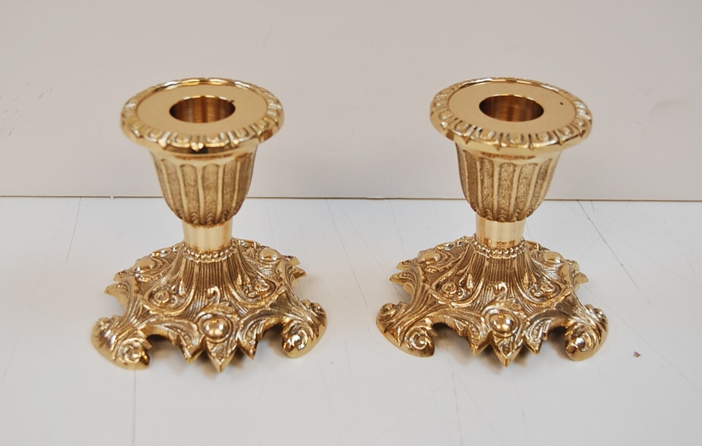 SET OF 6 SHORT 3 1/2" BRASS CHURCH ALTAR CANDLESTICKS & ALTAR CROSS (#399/#315)