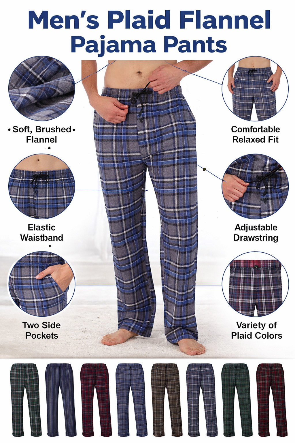 (4 Pack) Men's Cotton Knit Flannel Plaid Lounge Pajama Pants