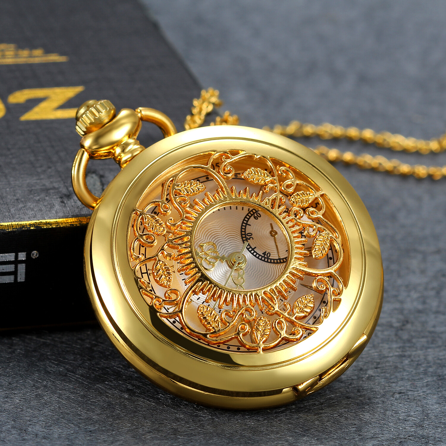 Antique Gold Tone Floral Patterned Quartz Pocket Watch Necklace Sweater Chain