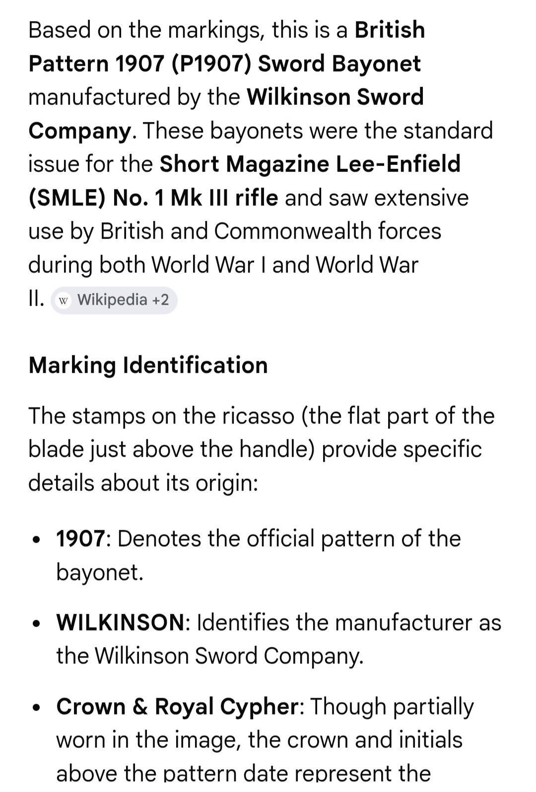 Rare Antique Brittish 1907 Wilkinson Sword Co Bayonet SMLE NO1 MK11 GR DOM 1910