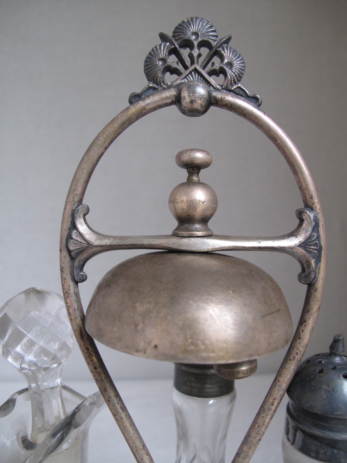 Antique SP Reed & Barton Cruet Castor Set Bell 4 Cut Glass Etched Bottles