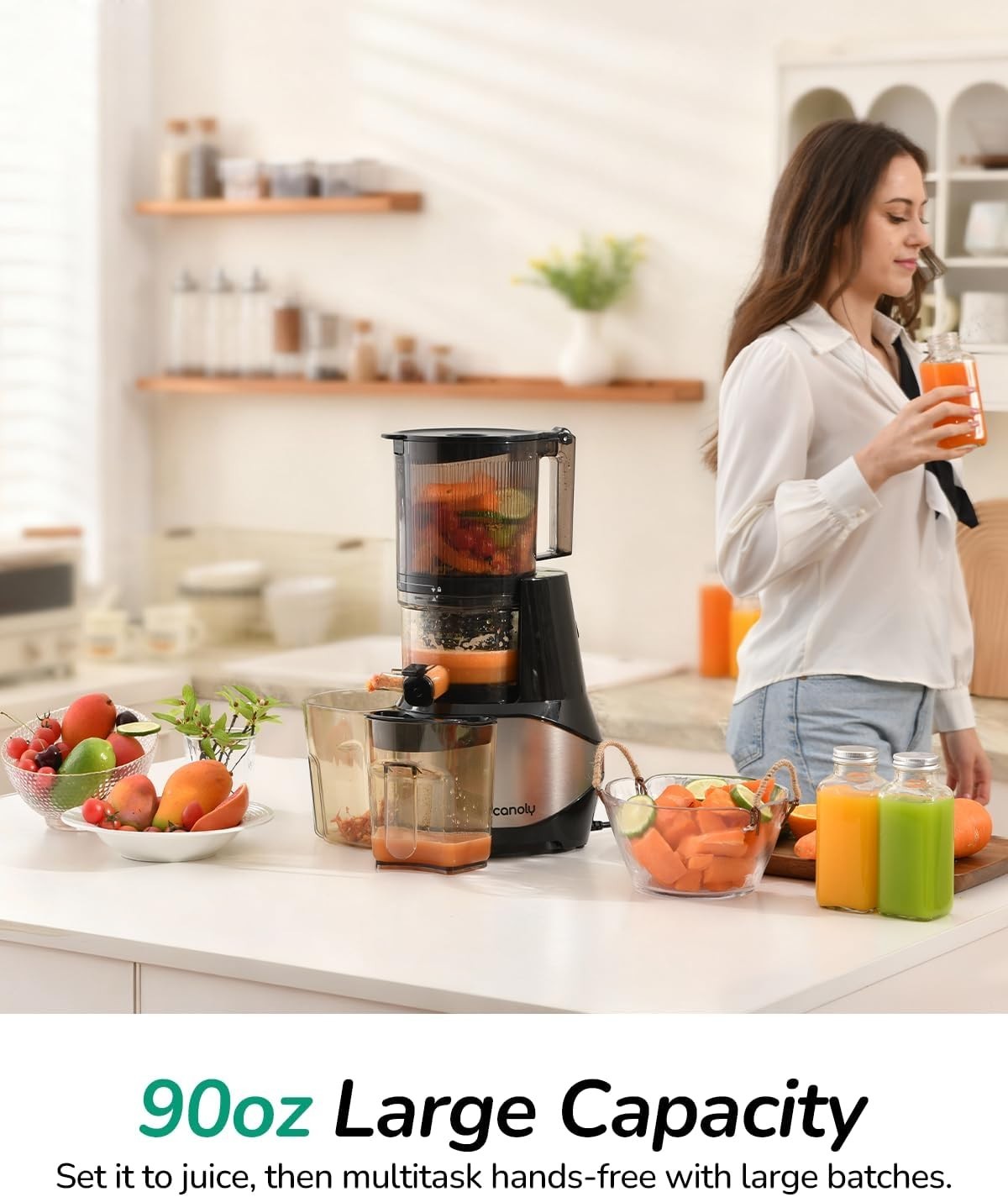 Canoly C09 Cold Press Juicer, 6" Extra Wide Feed Chute, 3-IN-1 Strainers (Juice