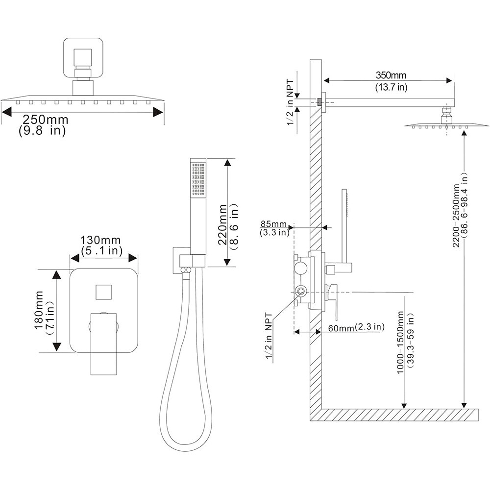 Shower Faucet Set w/Mixer Valve Kit Rainfall Shower Head Combo System Wall Mount