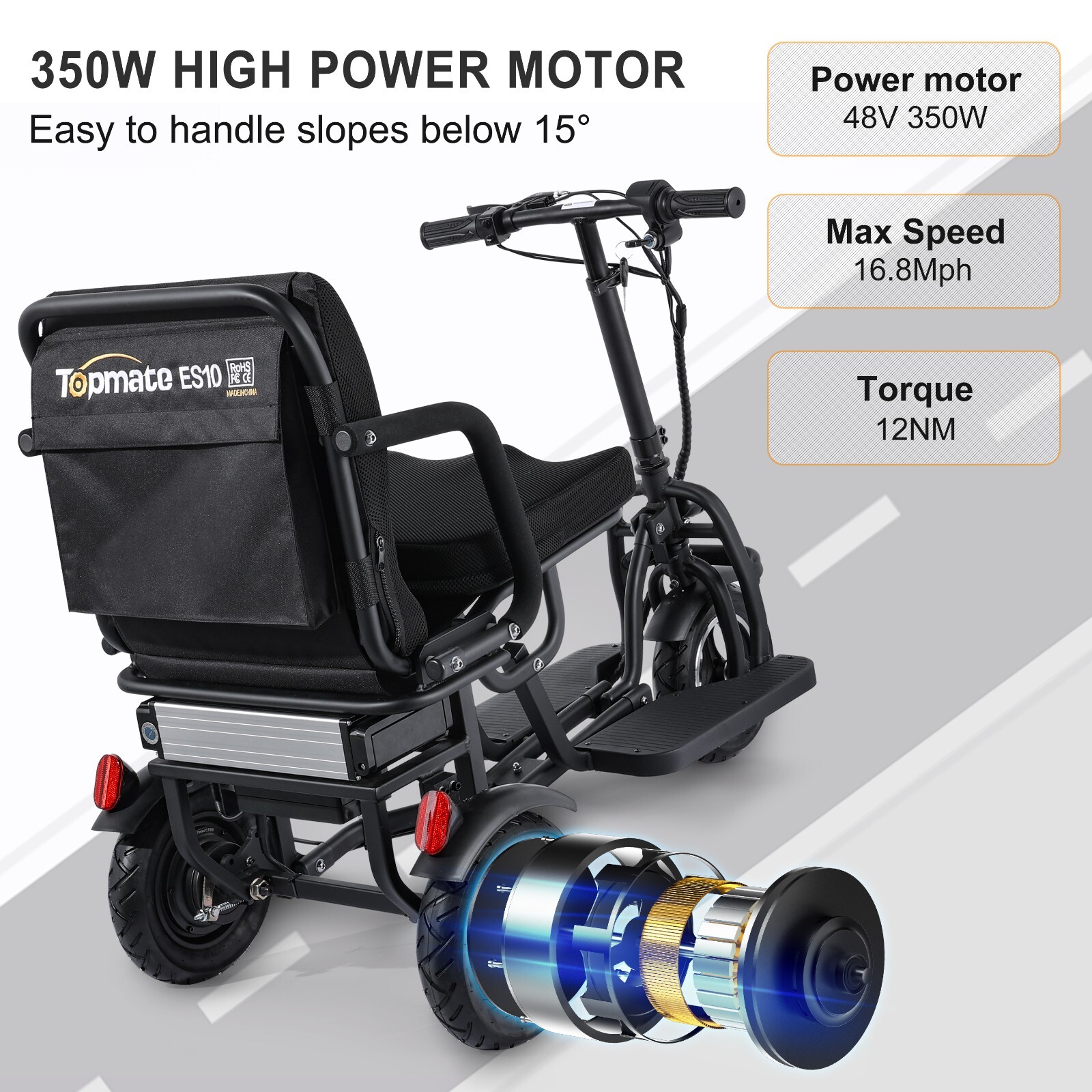 TopMate Electric Scooter 3 Wheel Power Mobility Scooter for Adult Senior 10.4Ah