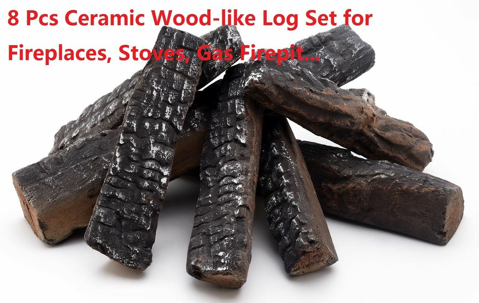 8 Piece Decorative Realistic Flame Petite Ceramic Wood Fireplace Firepit Log Set