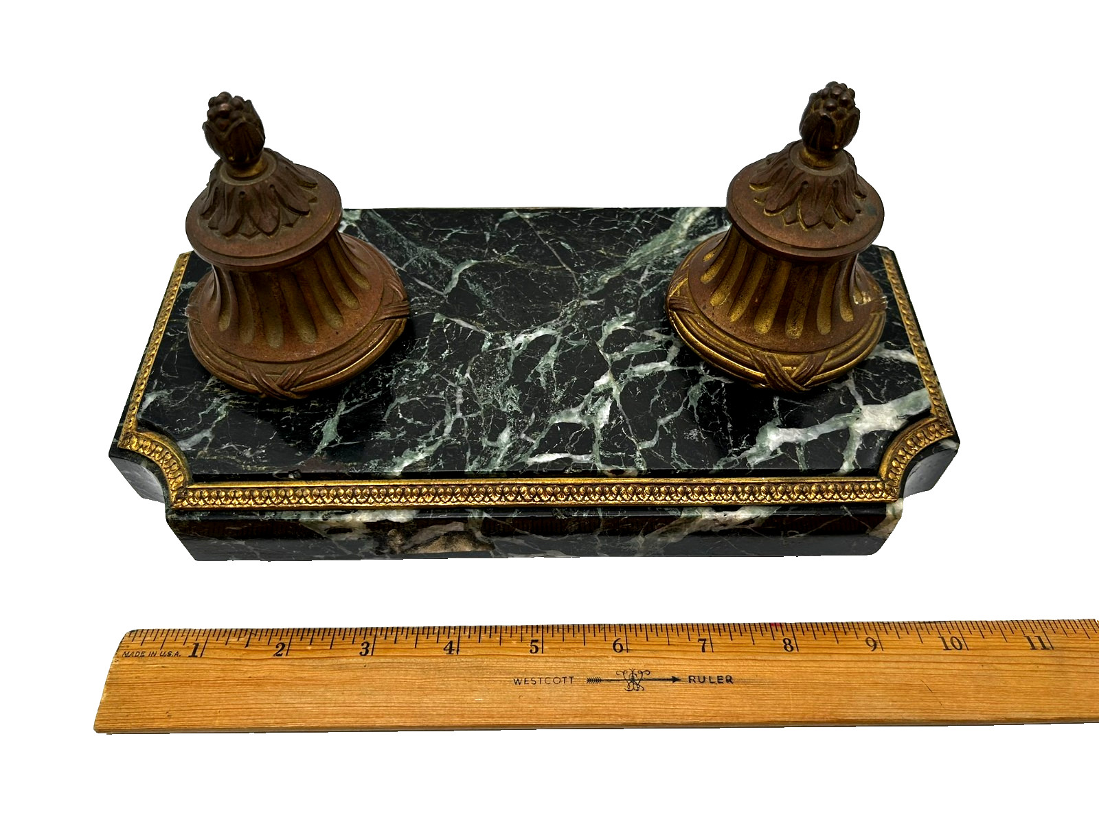 Antique Green Empire Marble and Bronze Inkwell