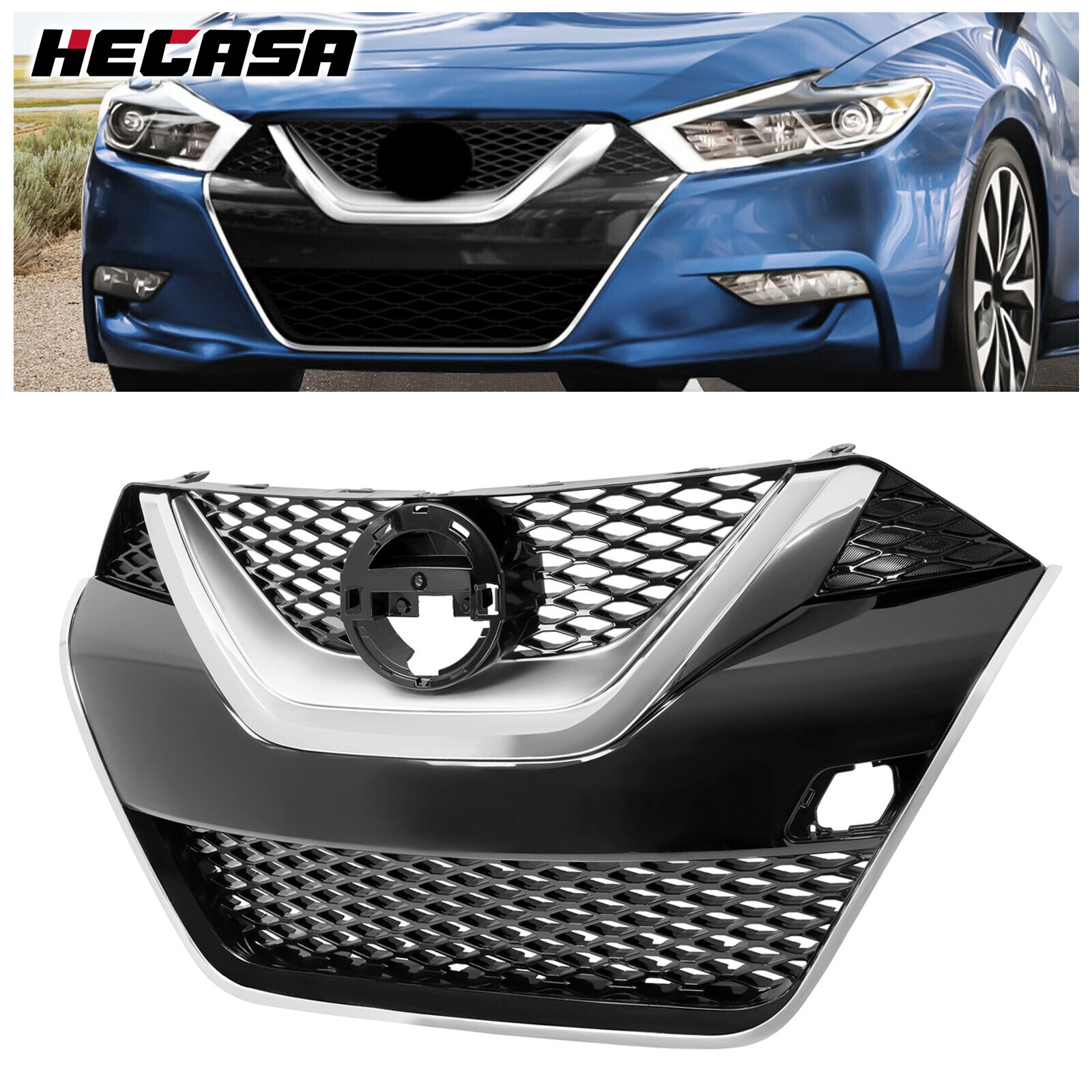 Fits Nissan Maxima 2016 2017 2018 Front Upper Bumper Grille Black & Chrome Trim