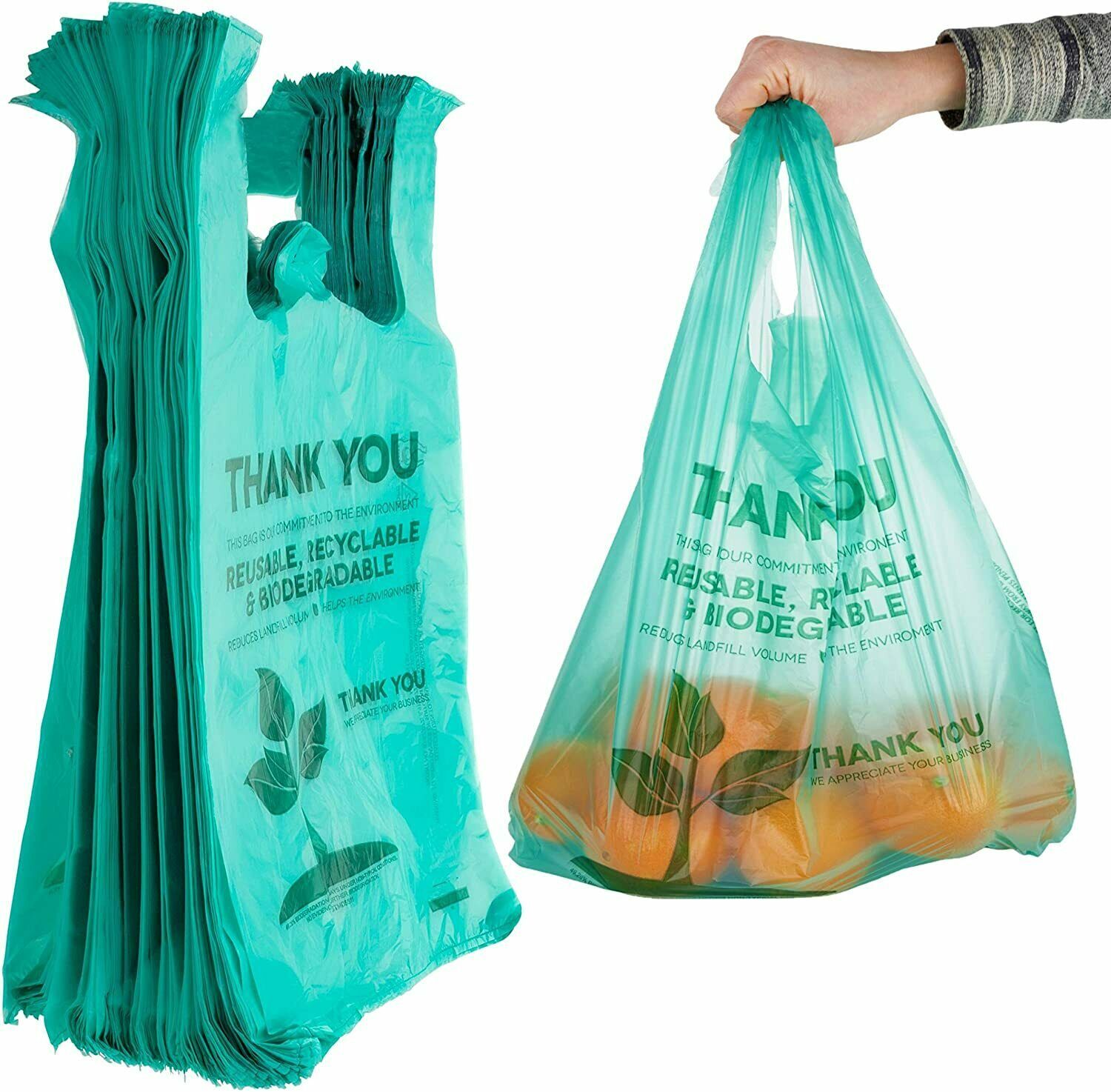 22 x 6.5 x 22 1/6 Green Biodegradable T-Shirt Plastic Grocery Shopping Bags
