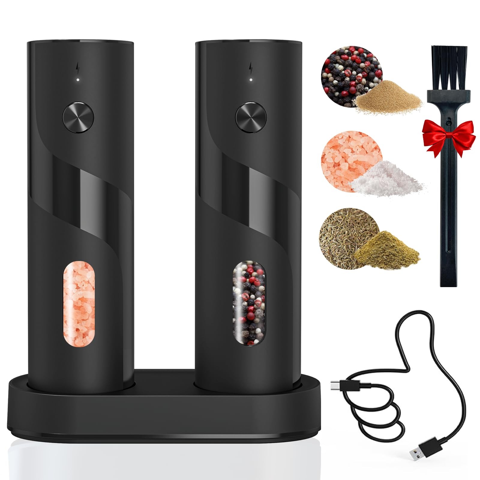 Electric Salt and Pepper Grinder Set Rechargeable with LED Pack of 2 with Base