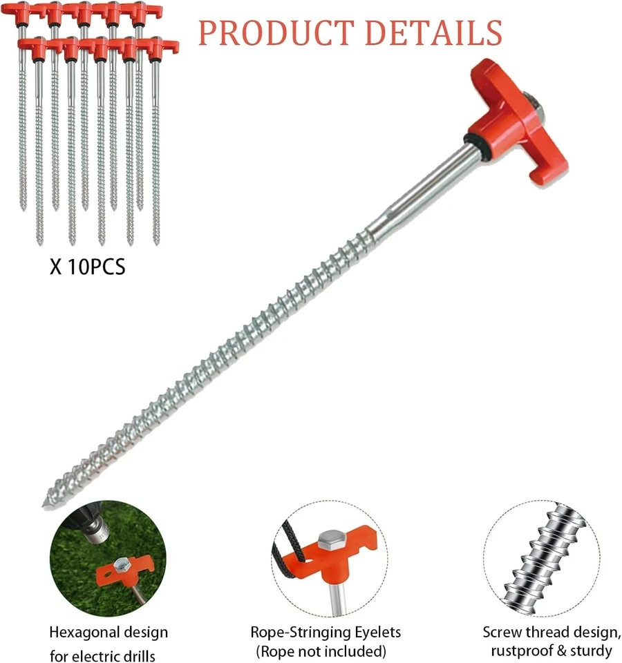 8-Inch Heavy Duty Screw-In Tent Stakes 10-Pack Ground Pegs