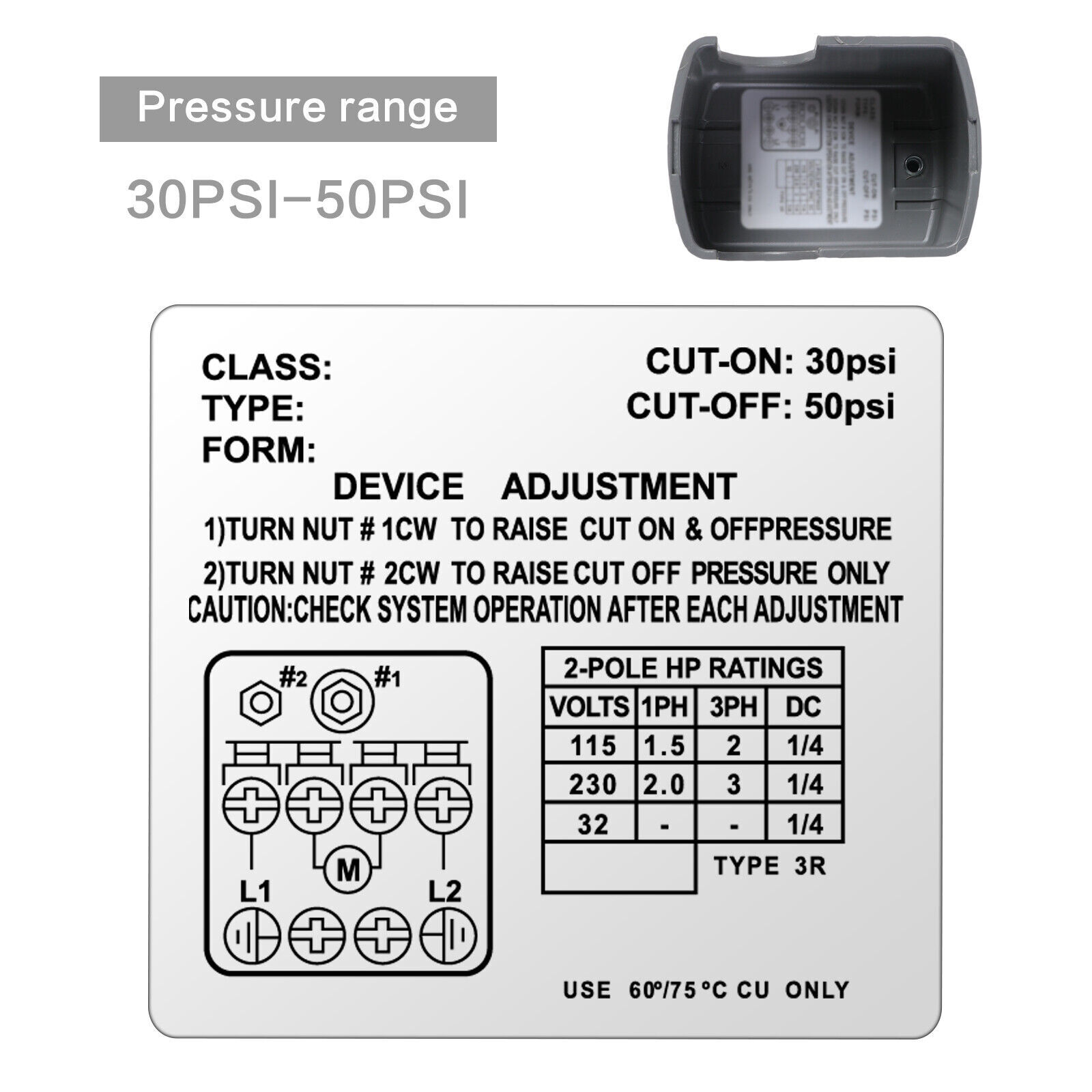 30-50 PSI Adjustable Well/Water Pump Pressure Control Switch Double Spring Pole