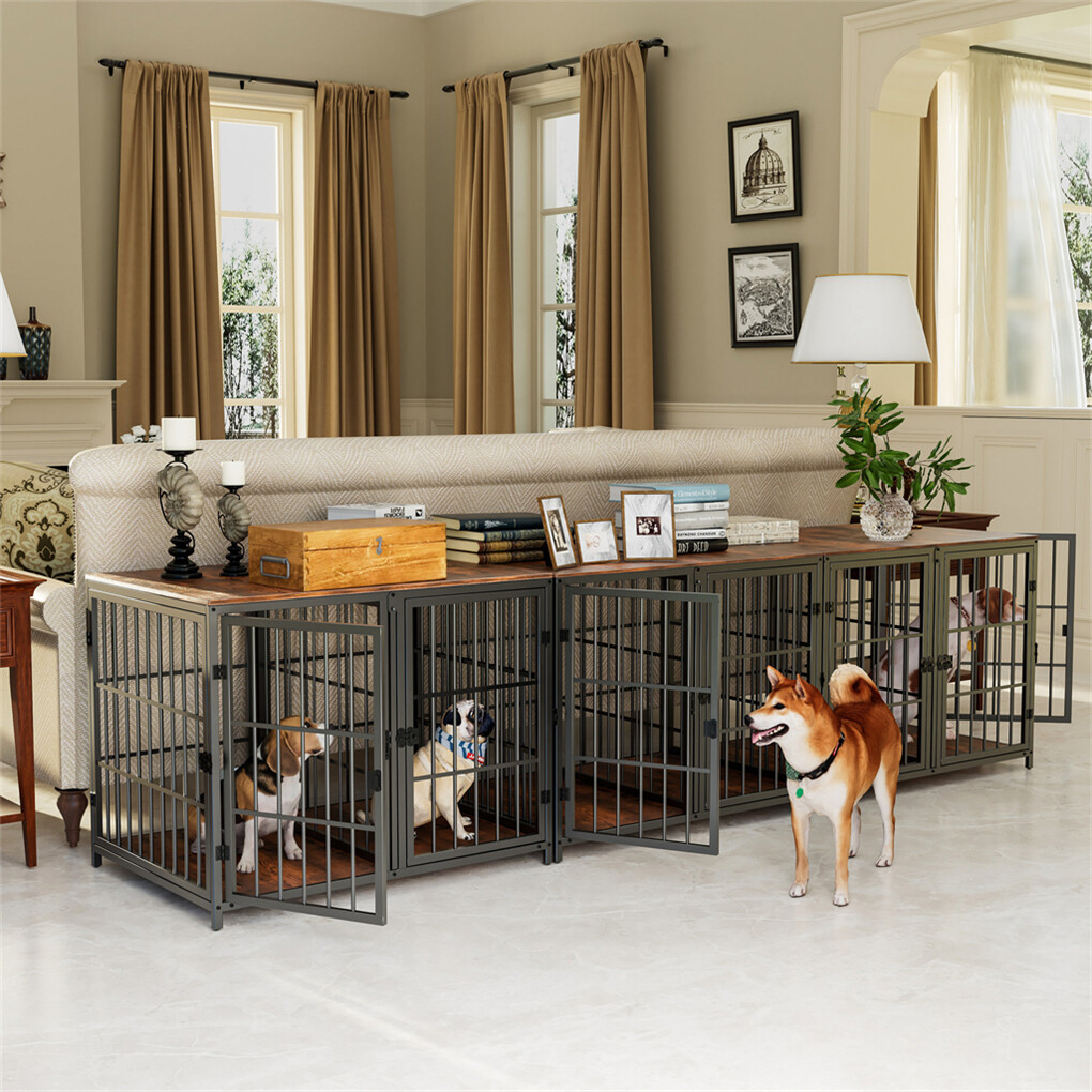 Indestructible Wooden Dog Crate Furniture with Divider for 2 Dogs Cage End Table