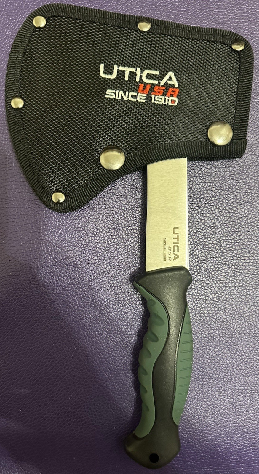 Utica .23" Thick 5.7" Hatchet Axe with Sheath Holster Green Rubberized Handle