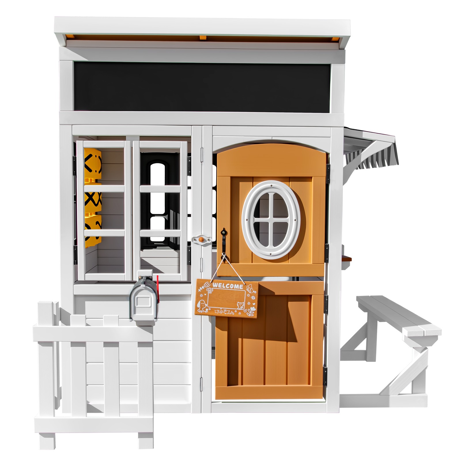 Wooden Kids Playhouse Cottage Play Kitchen,Bench,Mailbox,Tic-Tac-Toe,Chalkboards