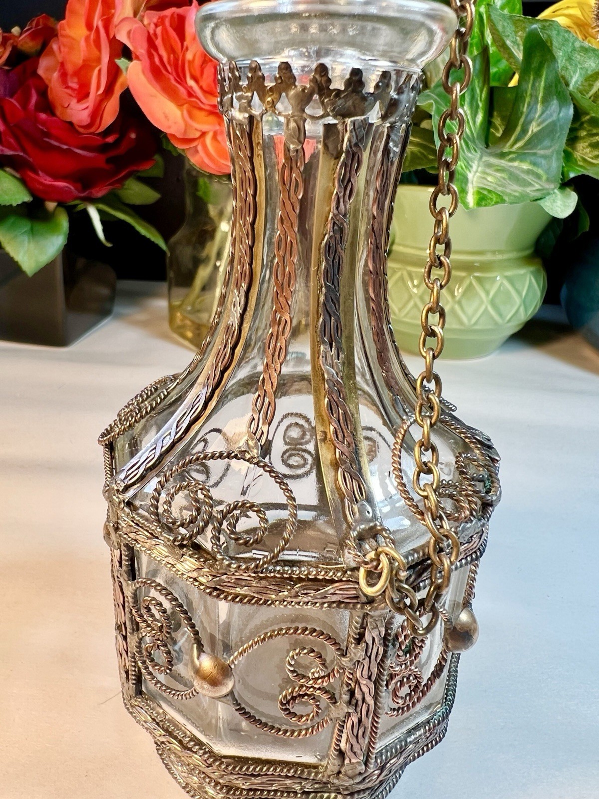 VTG GLASS BOTTLE SILVER PLATED, BRASS, COPPER OVERLAY BOTTLE 1900's UNIQUE