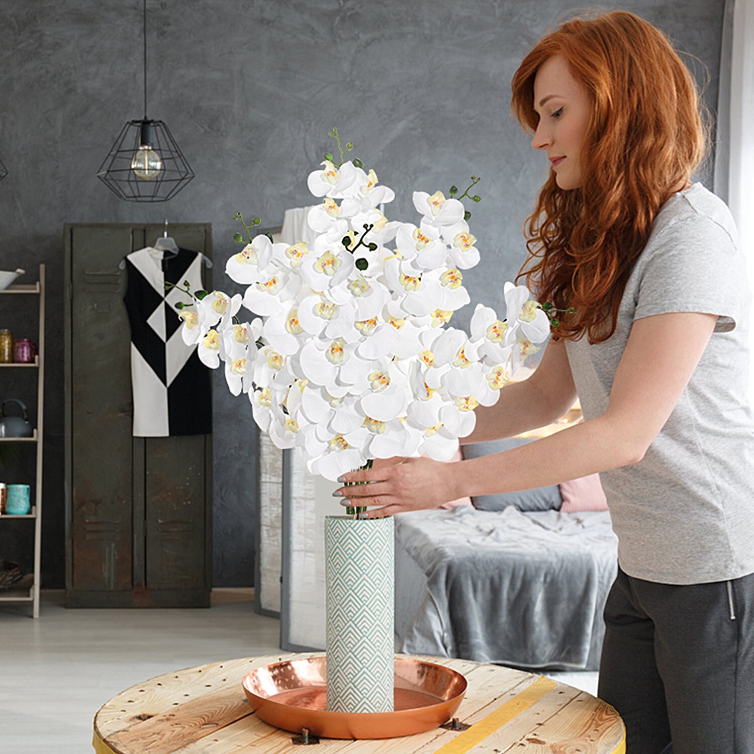 EZFLOWERY 2 Pcs 38’’ Artificial Real Touch Orchids Flowers 9 Heads Latex, White