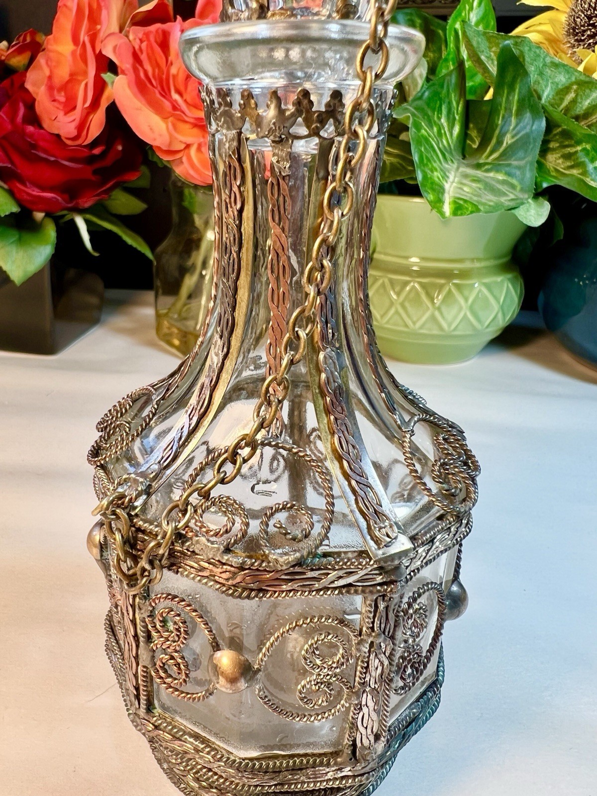 VTG GLASS BOTTLE SILVER PLATED, BRASS, COPPER OVERLAY BOTTLE 1900's UNIQUE