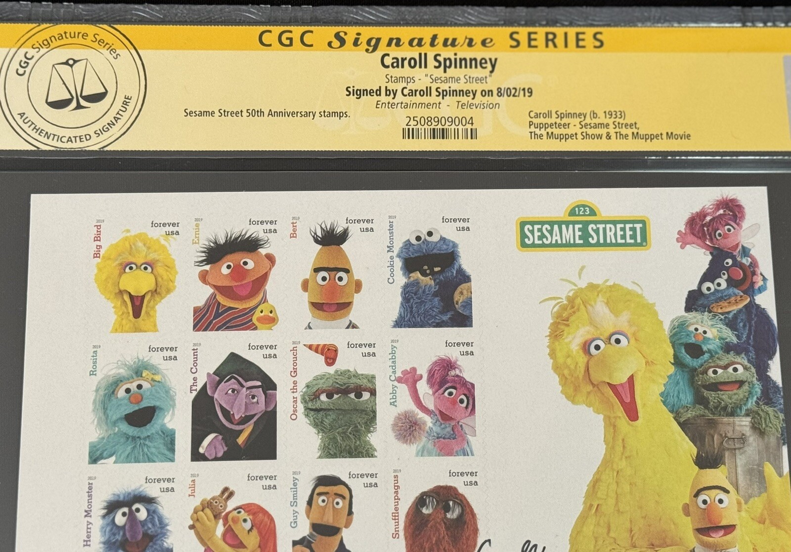 Sesame Street 50th Anniversary Uncut Stamp Sheet CGC Signed Caroll Spinney