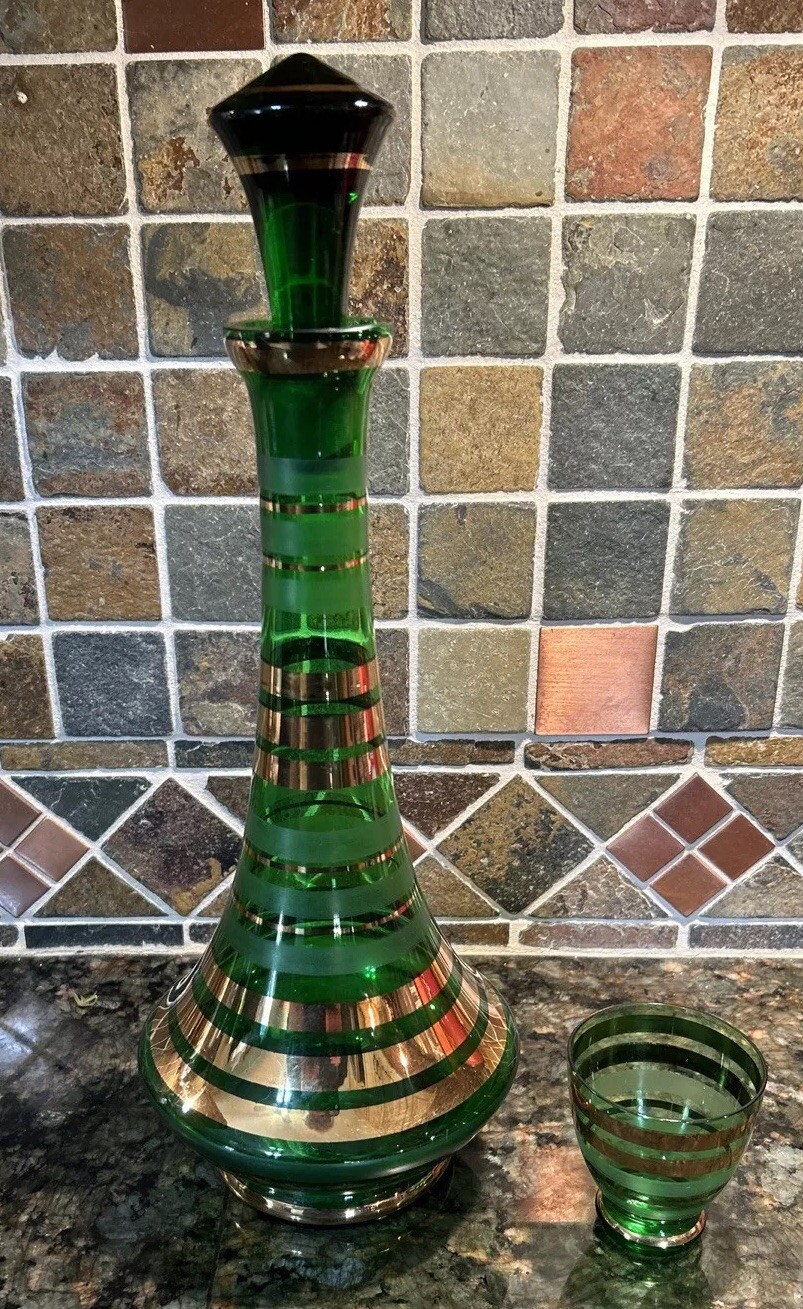 Borske Sklo Gold Banded Green Glass Decanter Mid Century Genie Jeannie Bottle